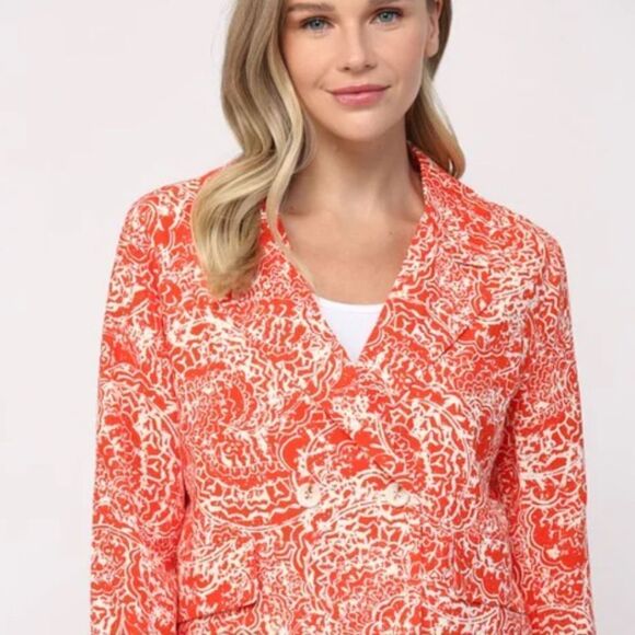 FATE Red Orange Cotton Linen Abstract Floral Cropped V Neck Spring Blazer NEW - Picture 2 of 16